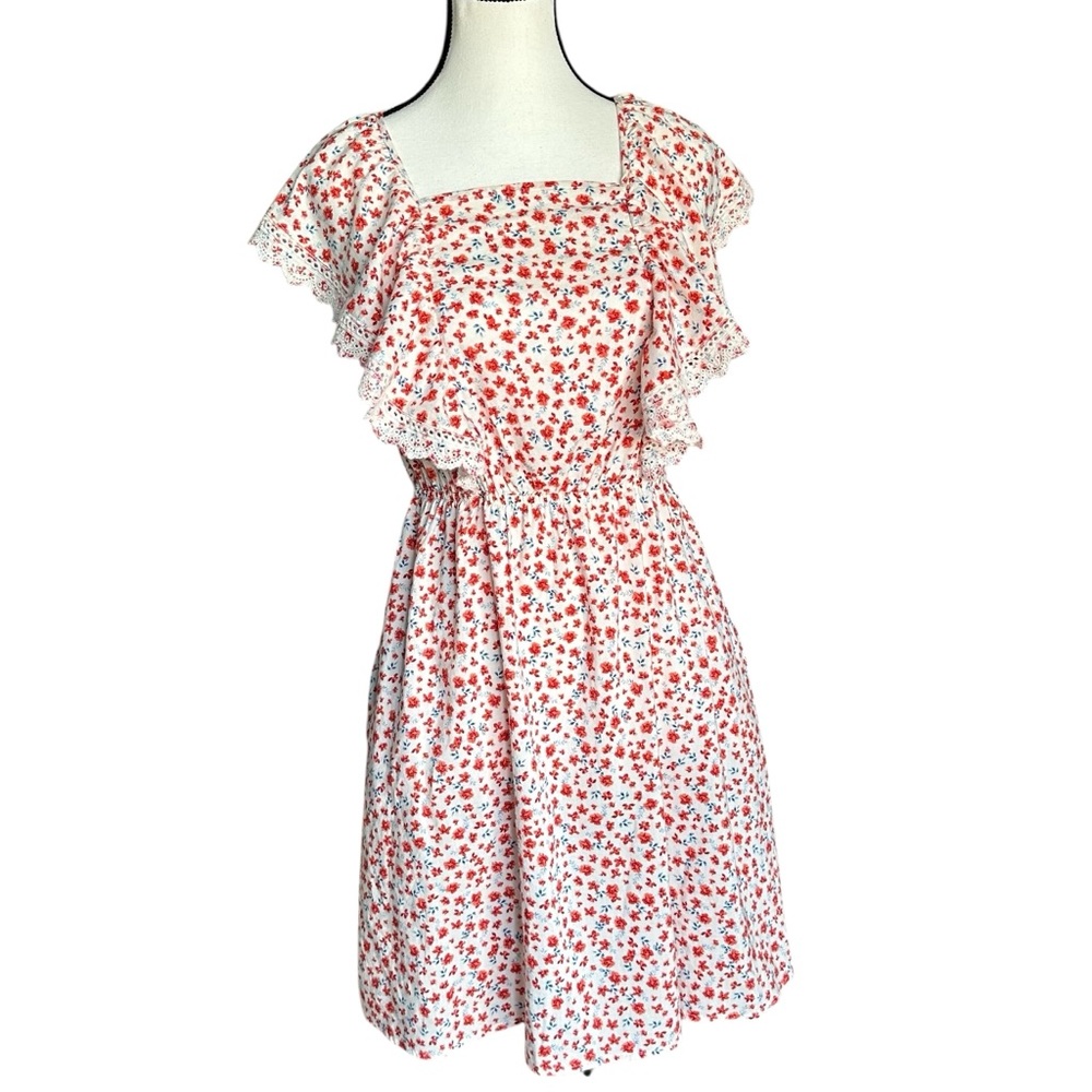 Old Navy Waist-Defined Flutter-Sleeve Tie Back Floral Dress - Red/White/Blue - S
